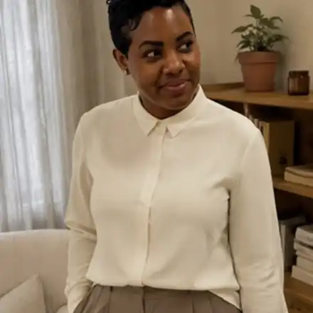 Leslieann in a cream blouse by a bookshelf, holding a journal